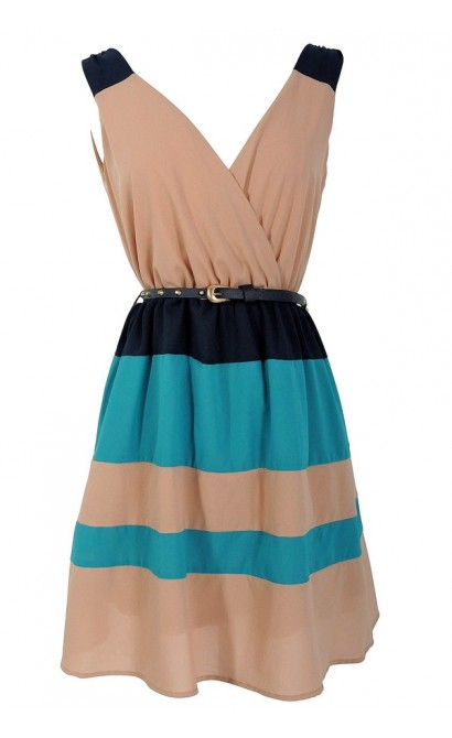 Beachcomber Teal and Beige Colorblock Belted Stripe Dress